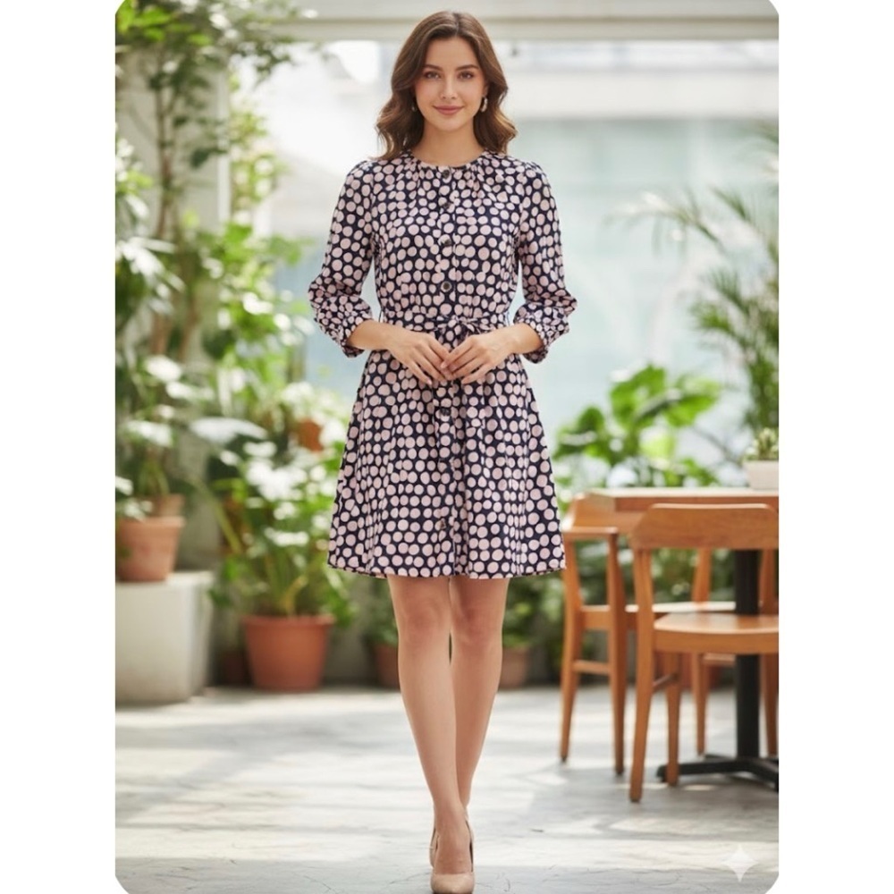 Who What Wear Black Pink Polka Dot Tie Waist Shirt 3/4 Sleeves Coquette Dress M